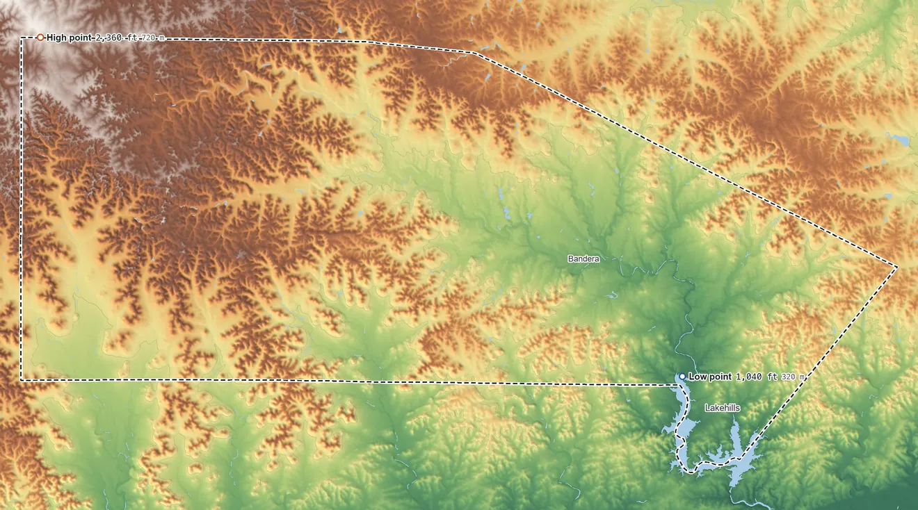 Topographic elevation map of Bandera County, Texas, shaded from 1,040 ft on the southeast side to 2,360 ft on the northwest side