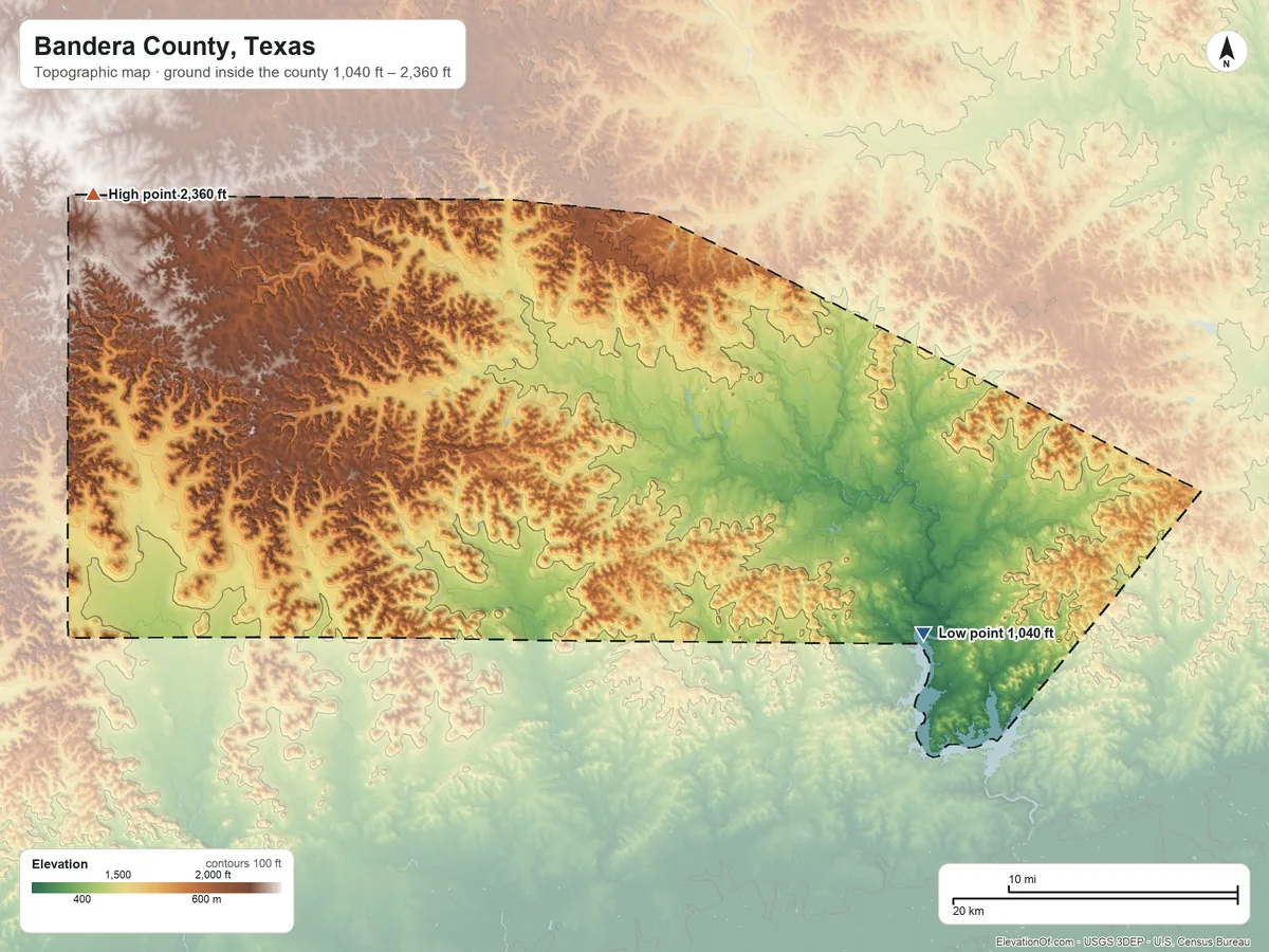 Topographic elevation map of Bandera County, Texas, shaded from 1,040 ft on the southeast side to 2,360 ft on the northwest side