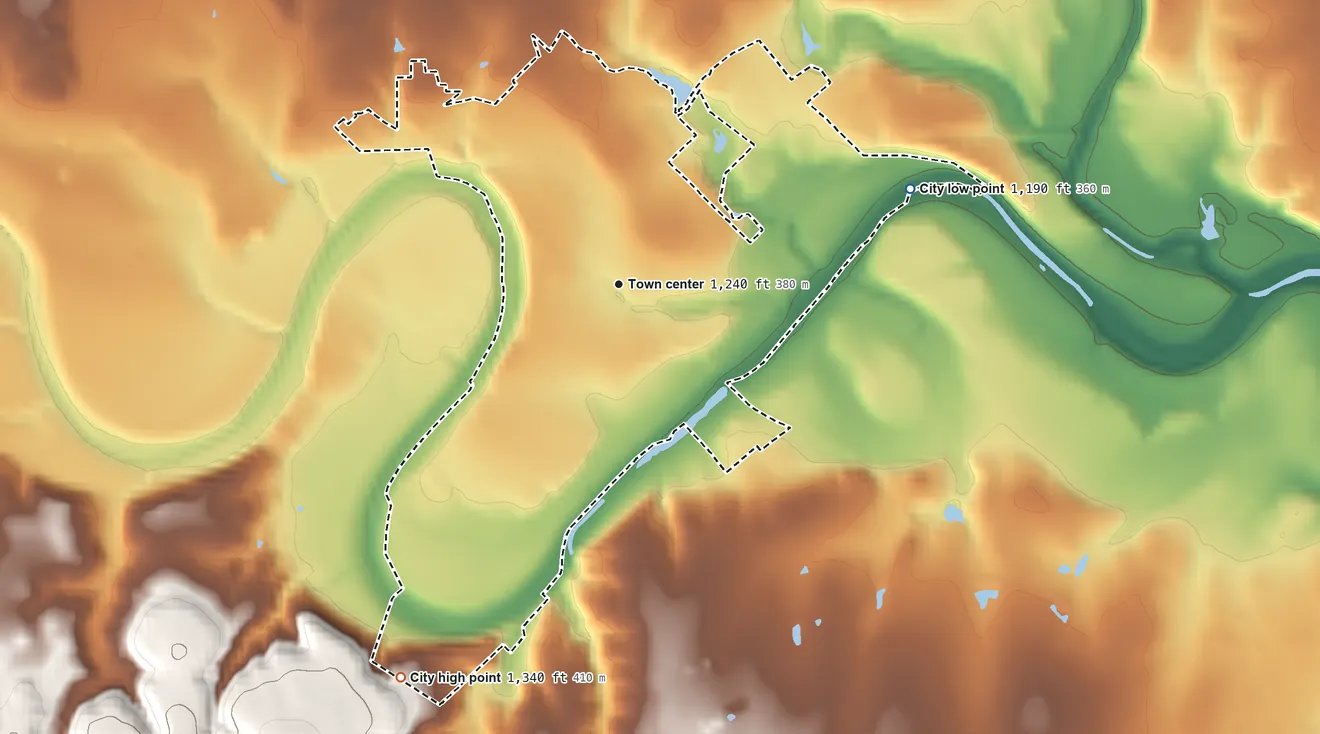 Topographic elevation map of Bandera, Texas, shaded from 1,190 ft on the east side to 1,340 ft on the southwest edge, below higher ground just outside