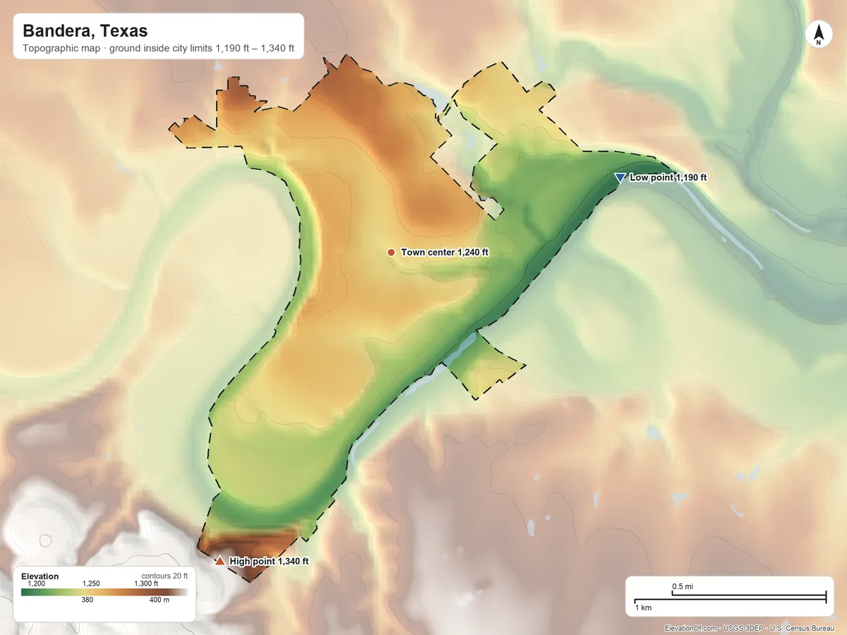 Topographic elevation map of Bandera, Texas, shaded from 1,190 ft on the east side to 1,340 ft on the southwest edge, below higher ground just outside