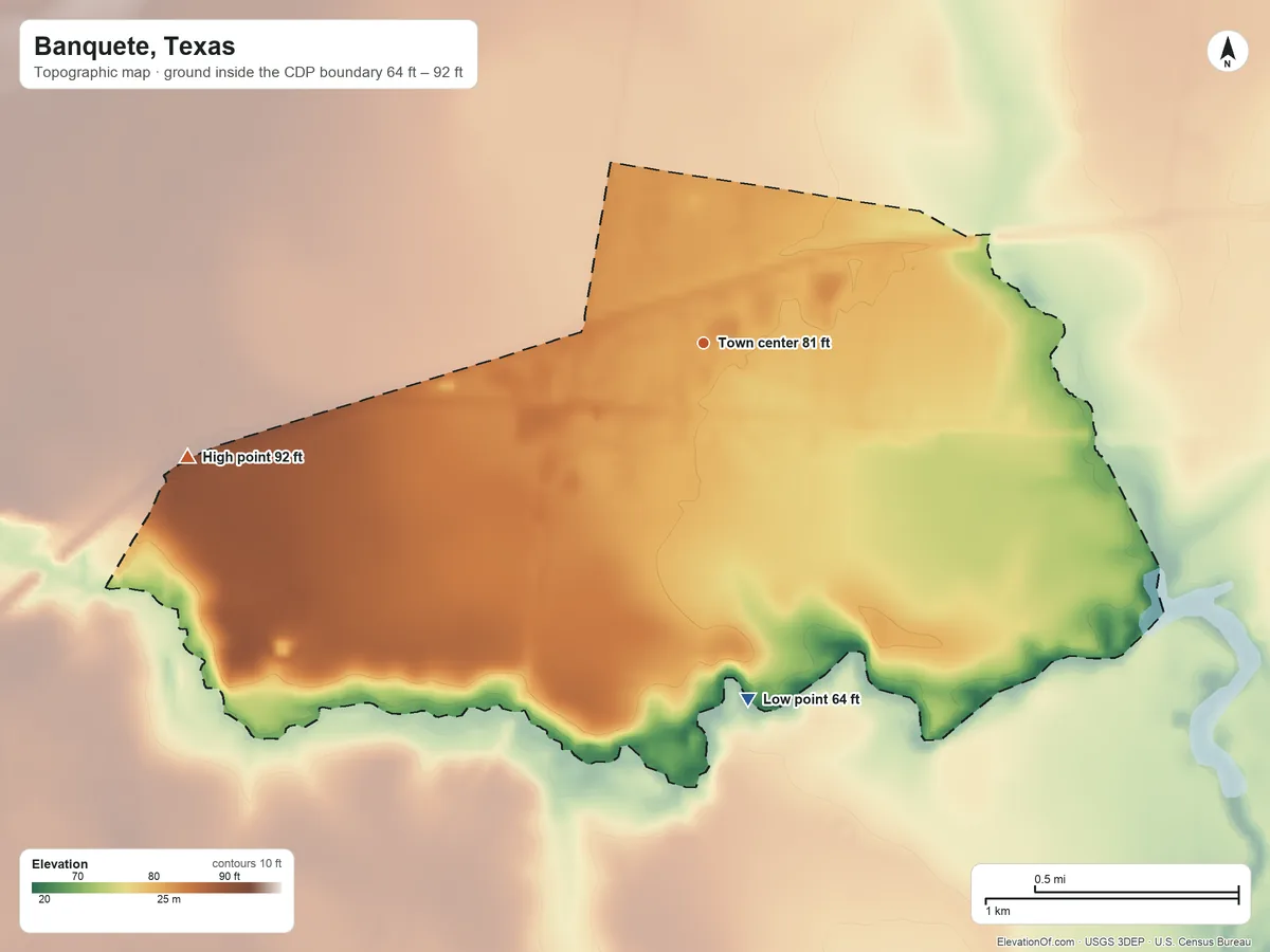 Topographic elevation map of Banquete, Texas, shaded from 64 ft on the south side to 92 ft on the west side
