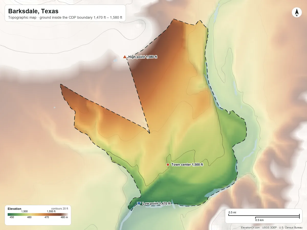 Topographic elevation map of Barksdale, Texas, shaded from 1,470 ft on the southwest side to 1,580 ft on the north edge, below higher ground just outside