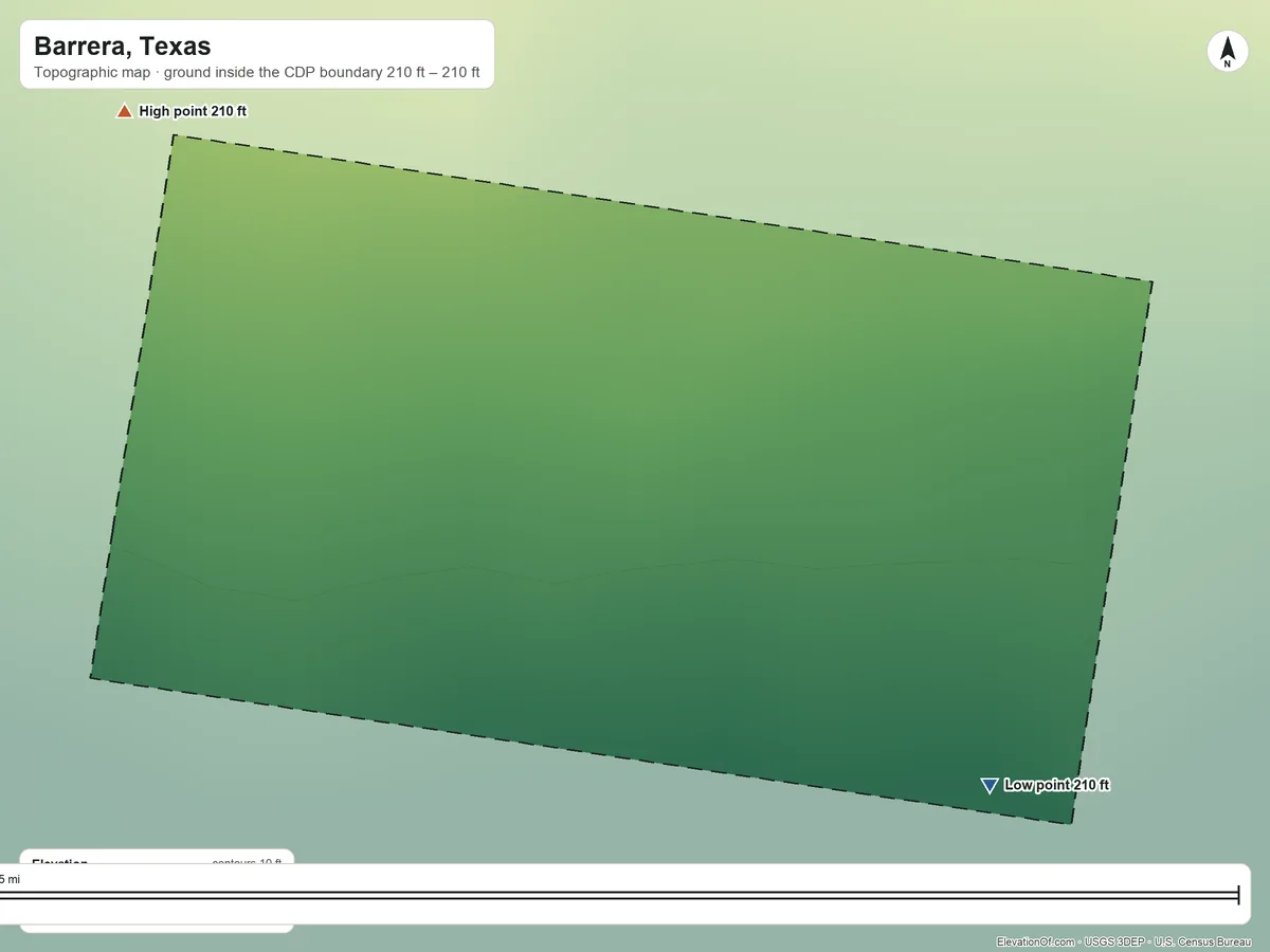 Topographic elevation map of Barrera, Texas, shaded from 210 ft on the southeast side to 210 ft on the northwest side