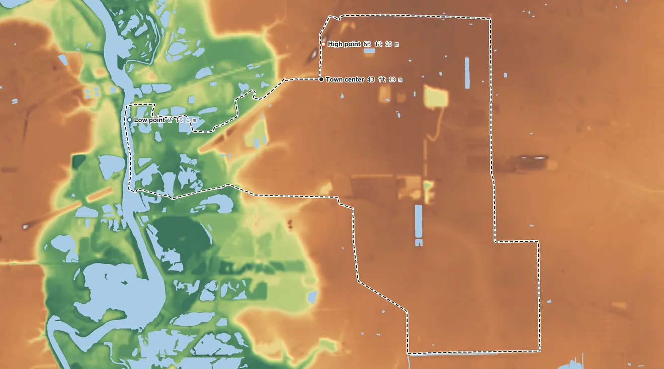 Topographic elevation map of Barrett, Texas, shaded from 2 ft on the west side to 63 ft near the middle