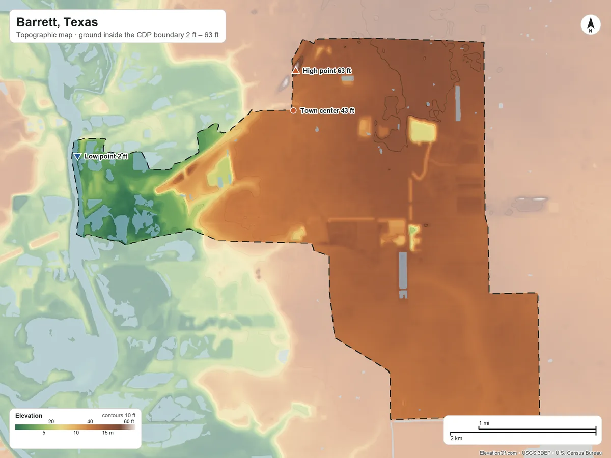 Topographic elevation map of Barrett, Texas, shaded from 2 ft on the west side to 63 ft near the middle