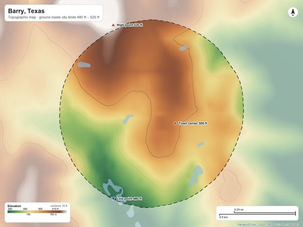 Topographic elevation map of Barry, Texas, shaded from 480 ft on the southwest side to 520 ft on the northwest side