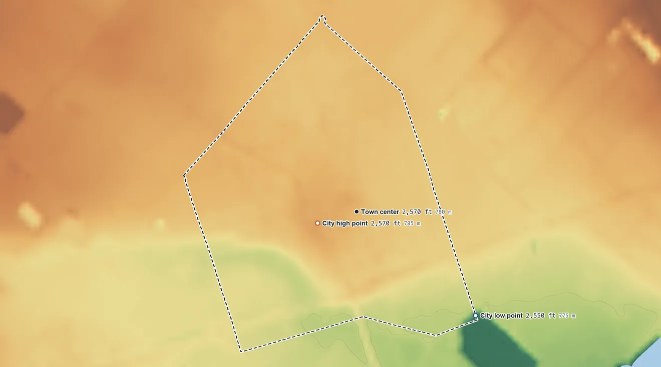Topographic elevation map of Barstow, Texas, shaded from 2,550 ft on the southeast side to 2,570 ft near the middle