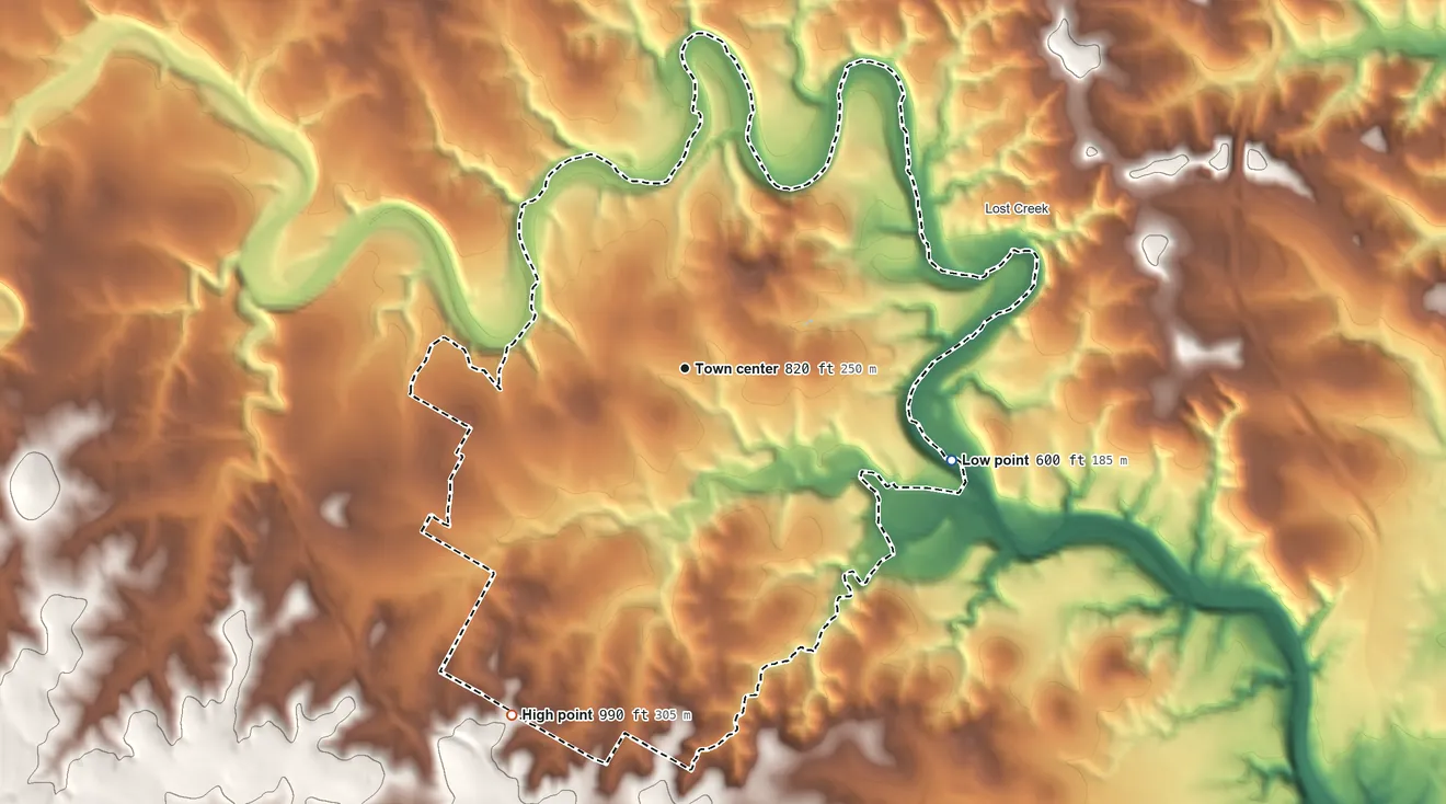 Topographic elevation map of Barton Creek, Texas, shaded from 600 ft on the east side to 990 ft on the southwest side