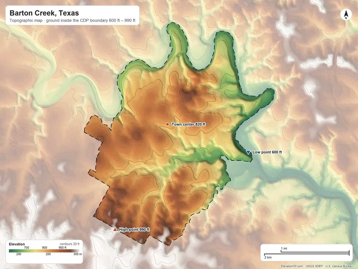 Topographic elevation map of Barton Creek, Texas, shaded from 600 ft on the east side to 990 ft on the southwest side