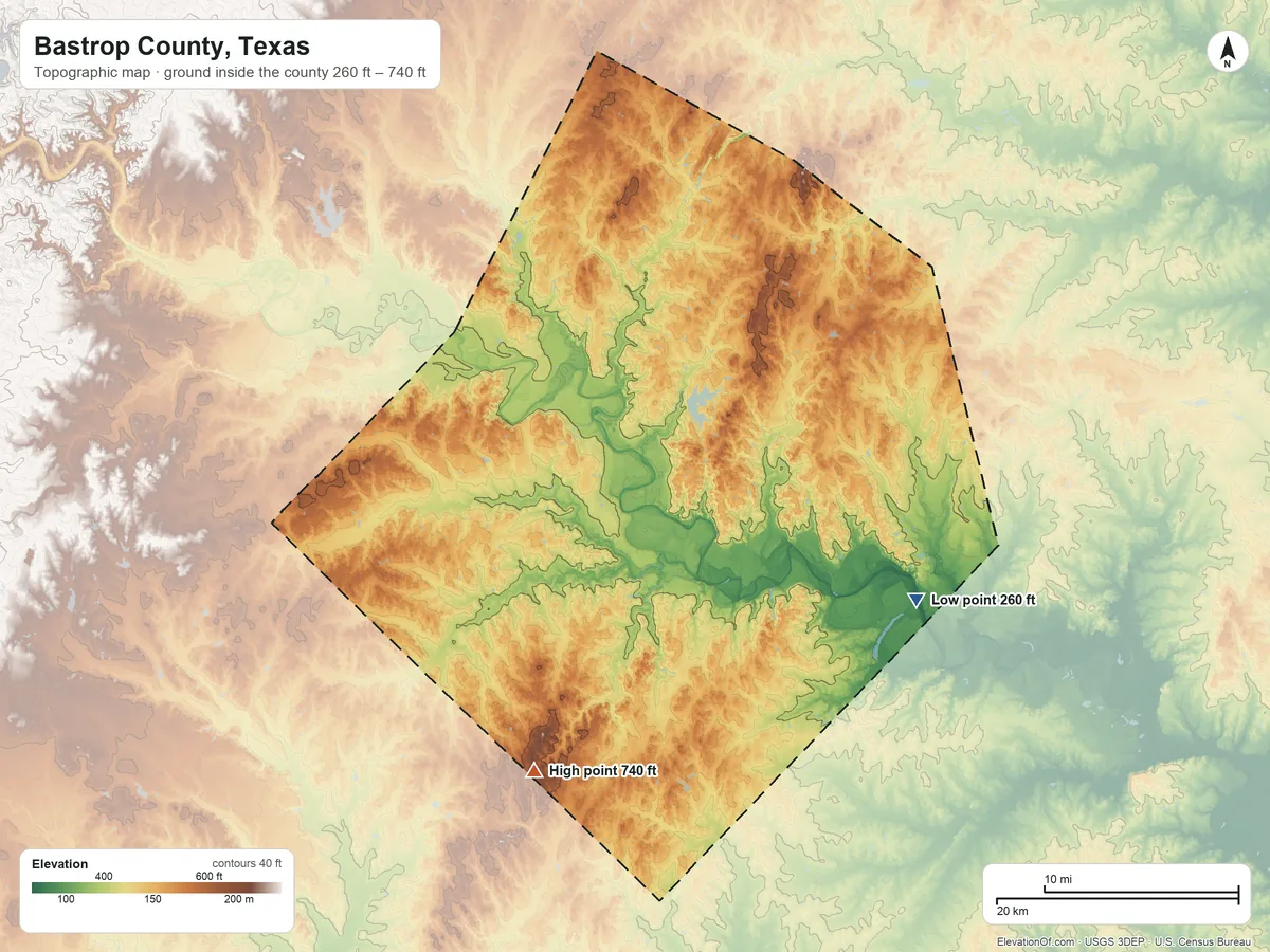 Topographic elevation map of Bastrop County, Texas, shaded from 260 ft on the southeast side to 740 ft on the south side