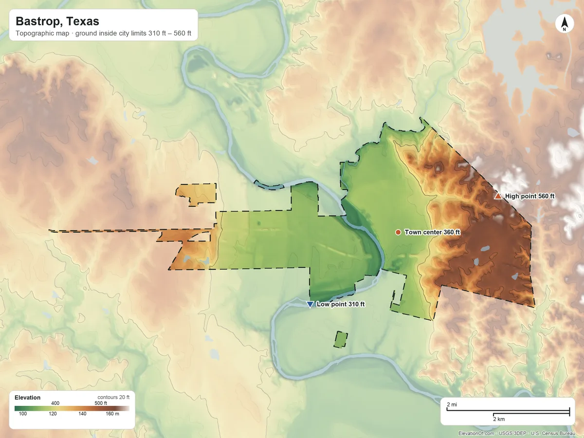 Topographic elevation map of Bastrop, Texas, shaded from 310 ft on the southwest side to 560 ft on the east side
