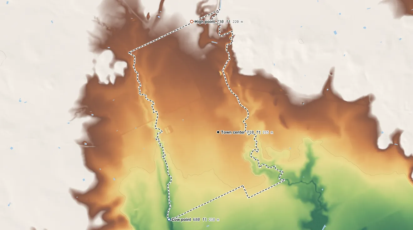 Topographic elevation map of Batesville, Texas, shaded from 680 ft on the southwest side to 730 ft on the north side