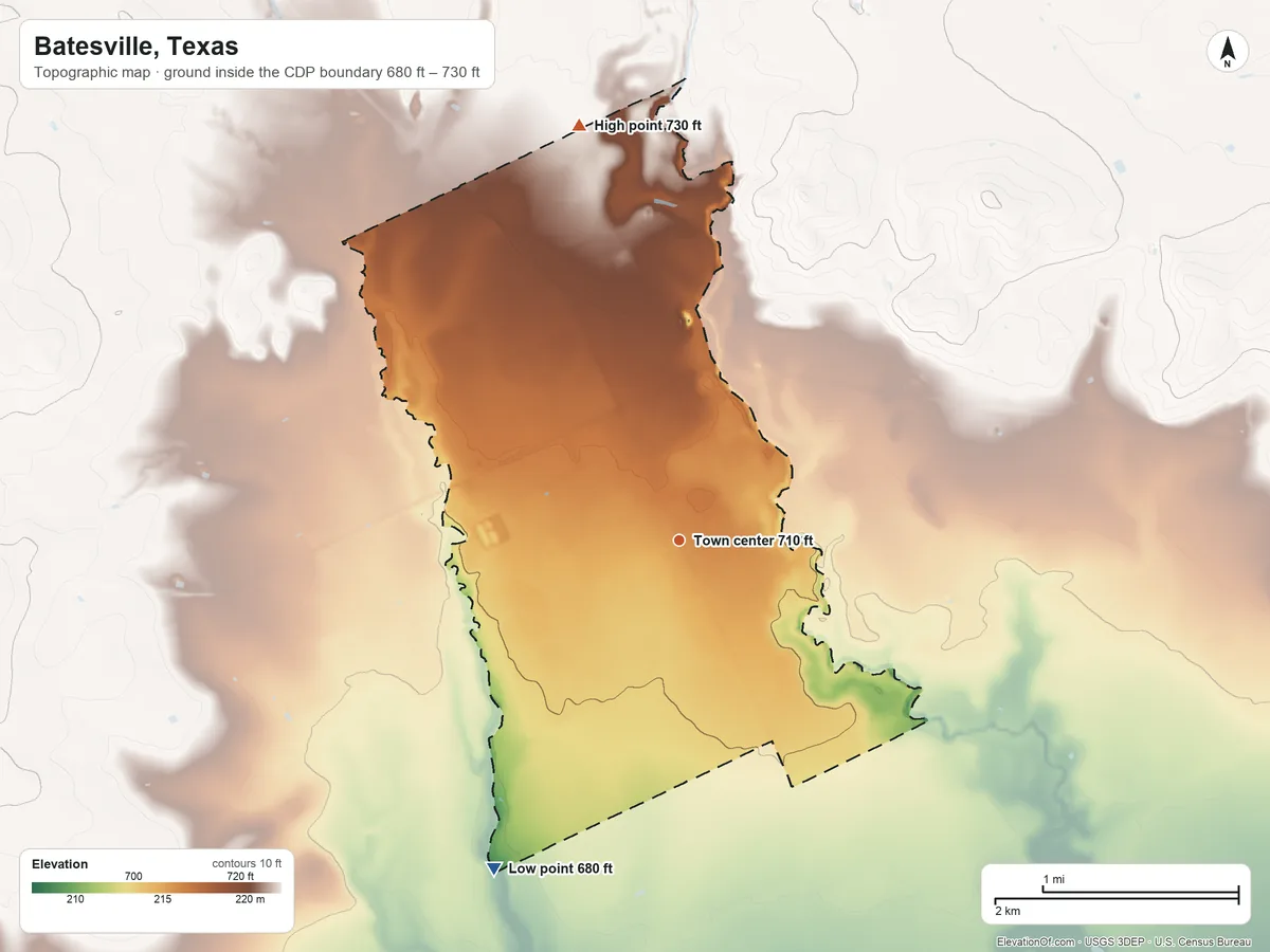 Topographic elevation map of Batesville, Texas, shaded from 680 ft on the southwest side to 730 ft on the north side