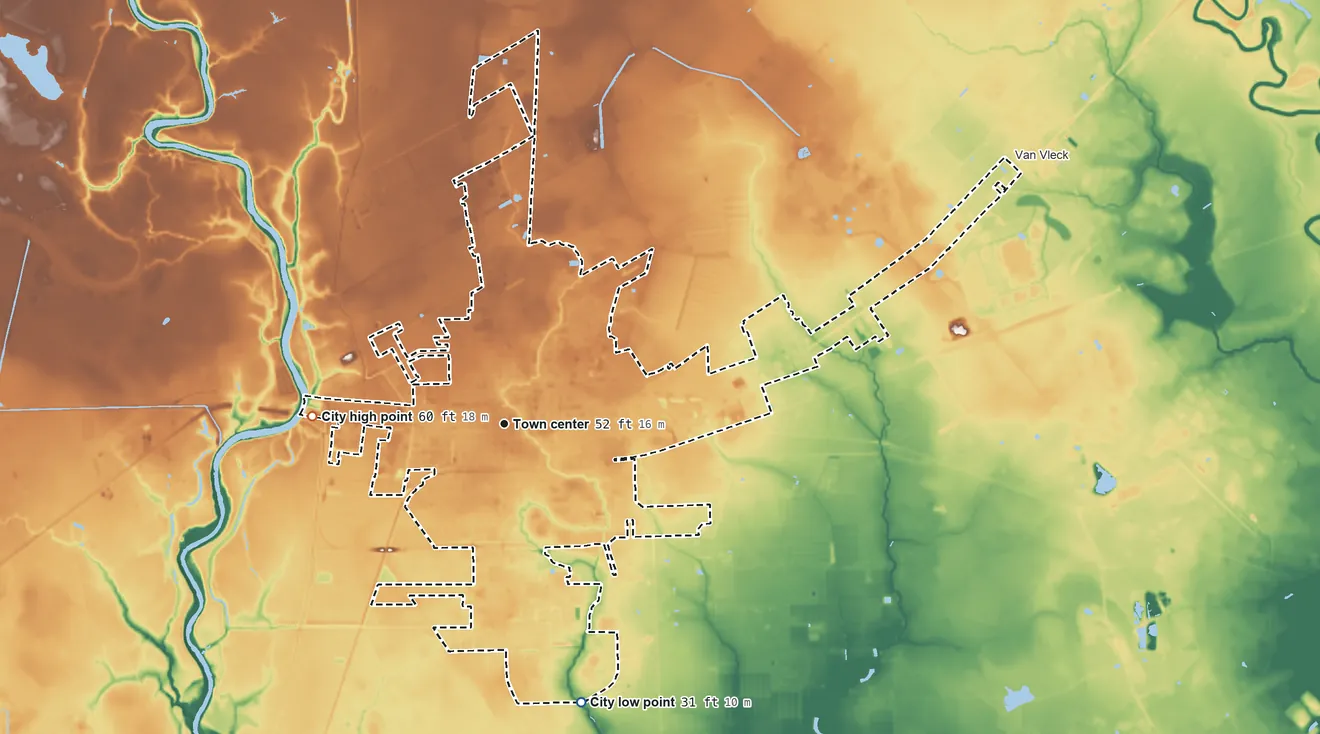 Topographic elevation map of Bay City, Texas, shaded from 31 ft on the south side to 60 ft on the west side