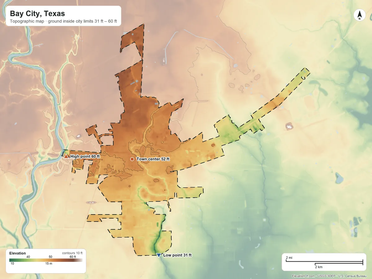 Topographic elevation map of Bay City, Texas, shaded from 31 ft on the south side to 60 ft on the west side