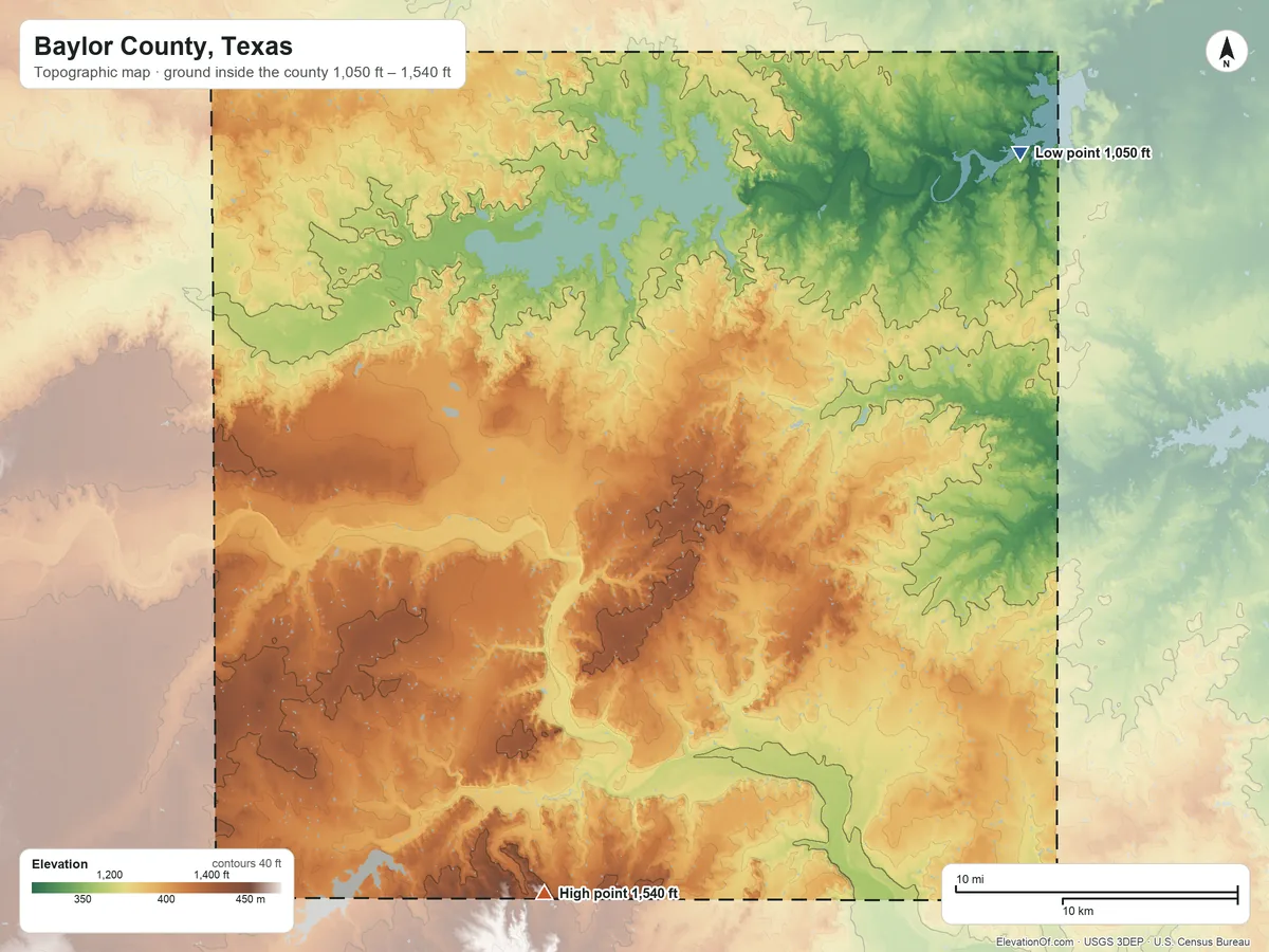 Topographic elevation map of Baylor County, Texas, shaded from 1,050 ft on the northeast side to 1,540 ft on the south side