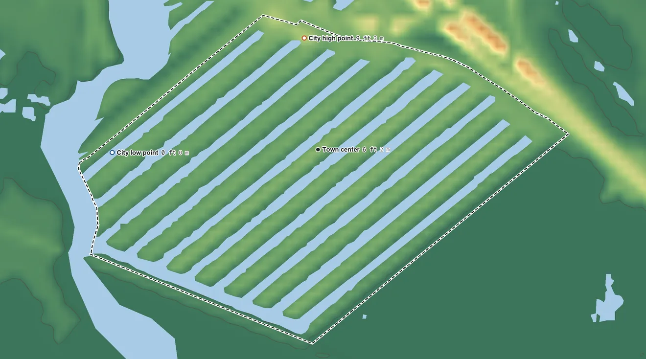 Topographic elevation map of Bayou Vista, Texas, shaded from 0 ft on the west side to 9 ft on the north side