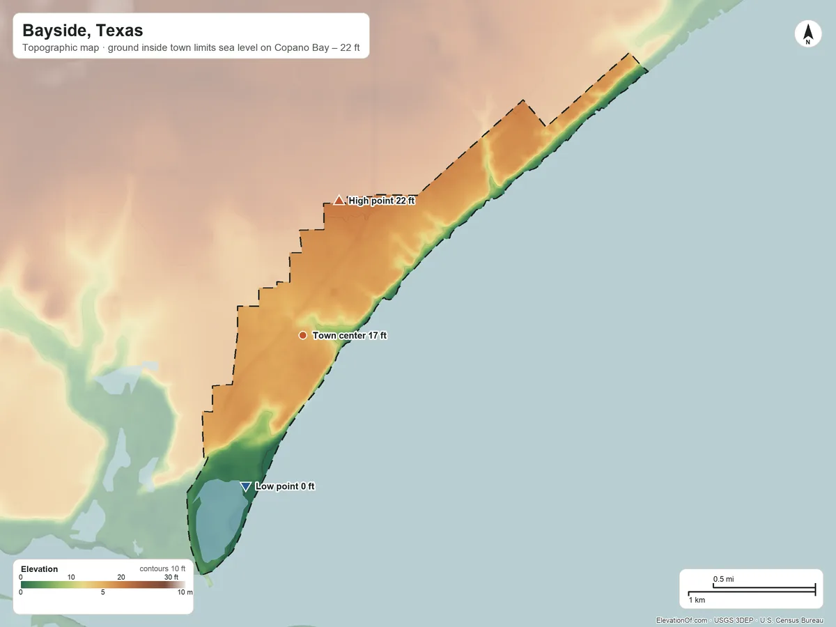 Topographic elevation map of Bayside, Texas, shaded from sea level level on Copano Bay to 22 ft on the north side