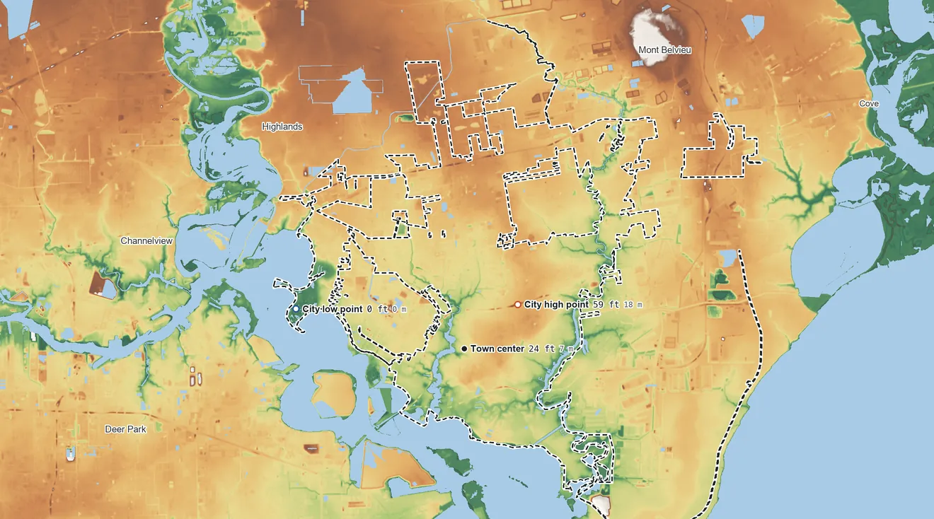 Topographic elevation map of Baytown, Texas, shaded from sea level level on Scott Bay to 59 ft on the northeast side