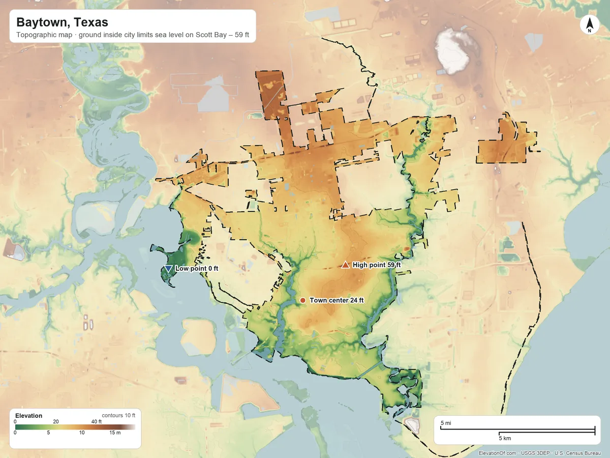 Topographic elevation map of Baytown, Texas, shaded from sea level level on Scott Bay to 59 ft on the northeast side