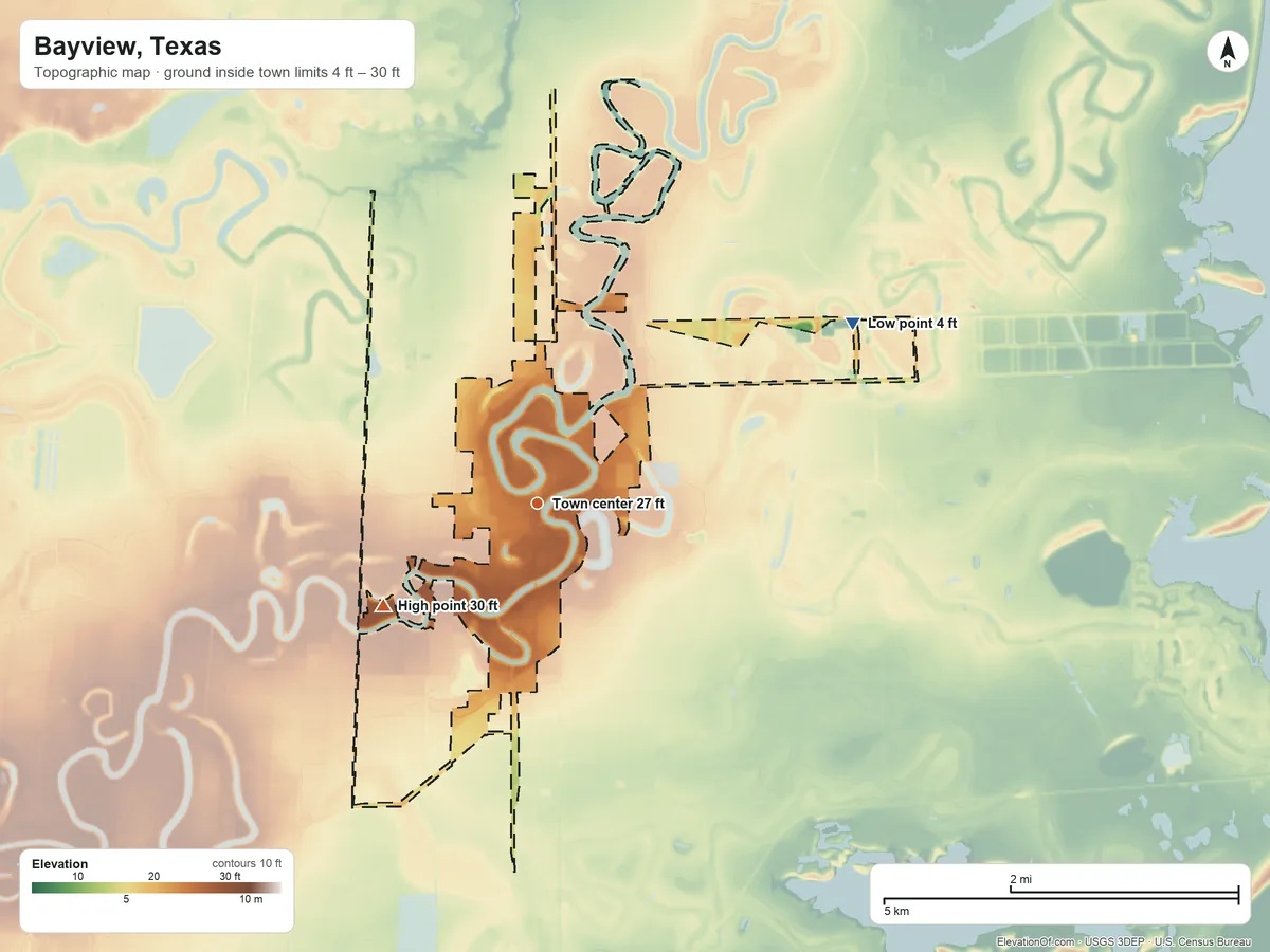 Topographic elevation map of Bayview, Texas, shaded from 4 ft on the northeast side to 30 ft on the southwest side