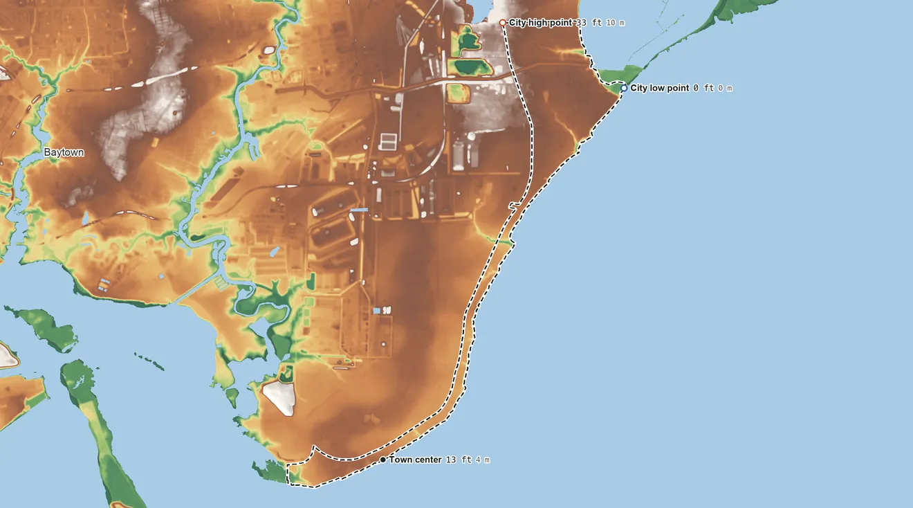 Topographic elevation map of Beach City, Texas, shaded from sea level level on Trinity Bay to 33 ft on the north side