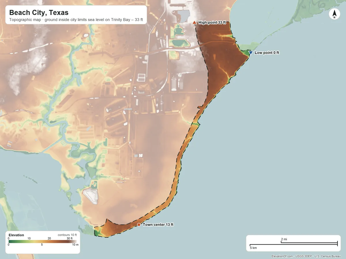 Topographic elevation map of Beach City, Texas, shaded from sea level level on Trinity Bay to 33 ft on the north side