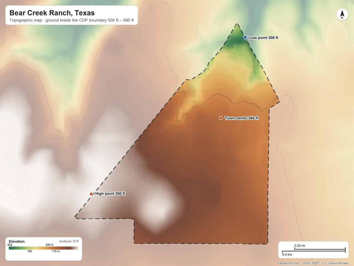 Topographic elevation map of Bear Creek Ranch, Texas, shaded from 500 ft on the north side to 590 ft on the southwest side