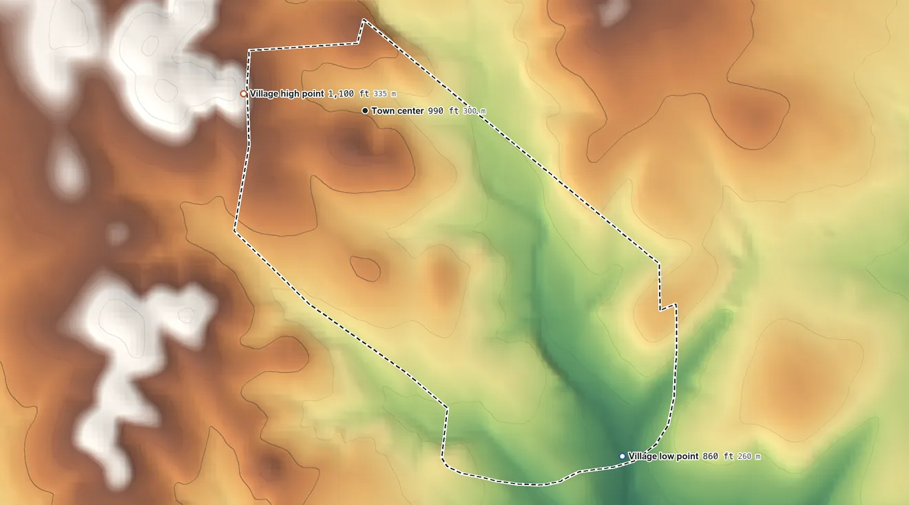 Topographic elevation map of Bear Creek, Texas, shaded from 860 ft on the southeast side to 1,100 ft on the west side
