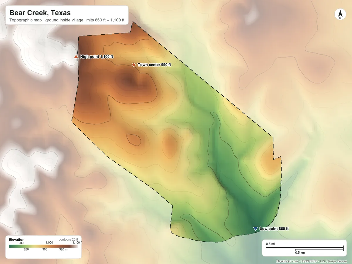 Topographic elevation map of Bear Creek, Texas, shaded from 860 ft on the southeast side to 1,100 ft on the west side