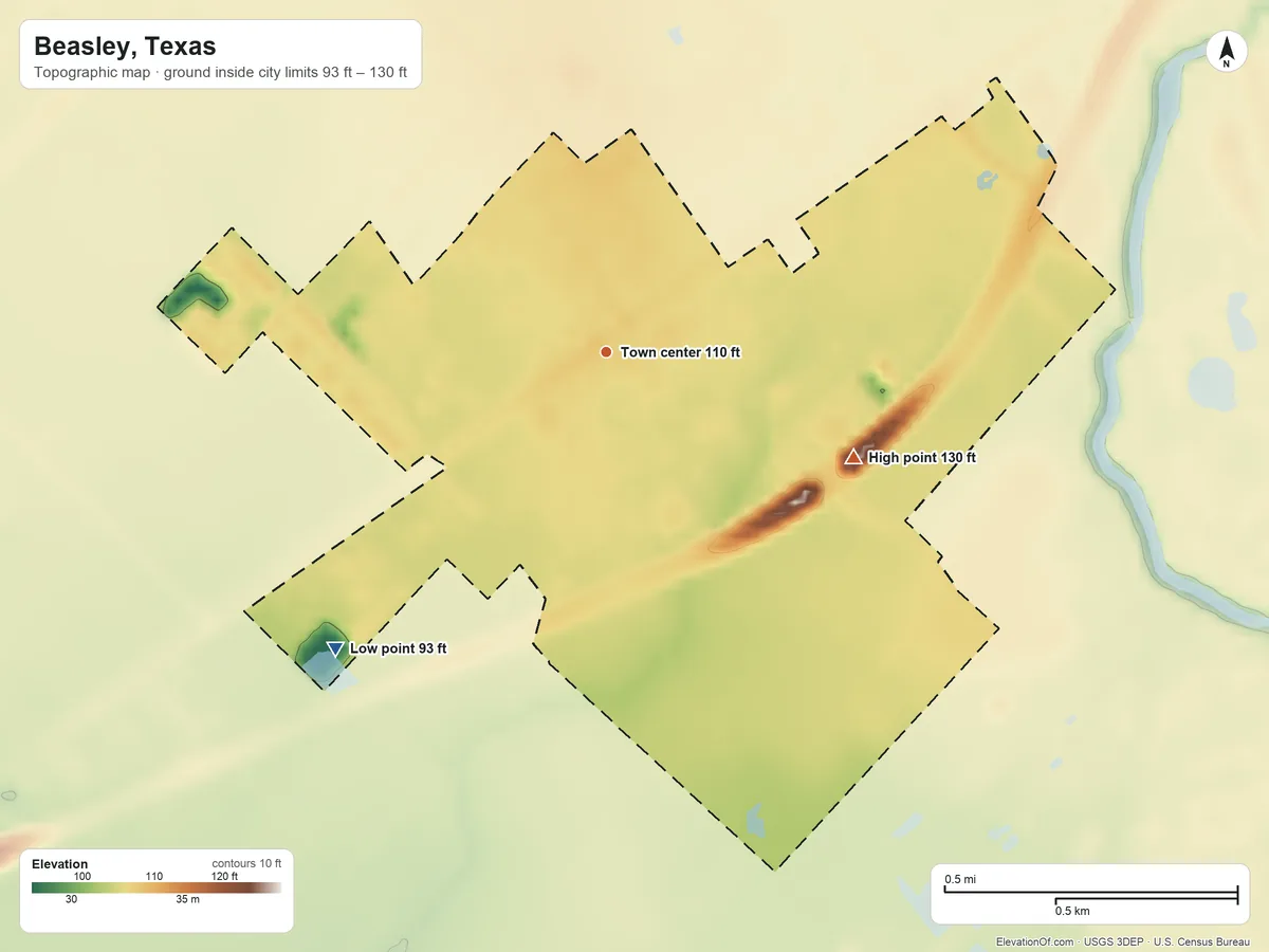 Topographic elevation map of Beasley, Texas, shaded from 93 ft on the southwest side to 130 ft on the southeast side