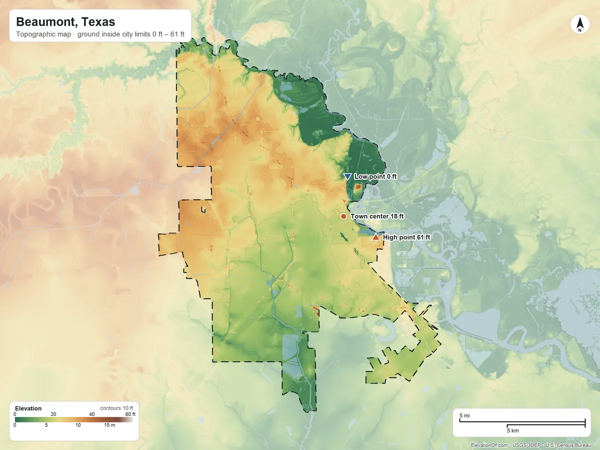 Topographic elevation map of Beaumont, Texas, shaded from 0 ft near the middle to 61 ft near the middle