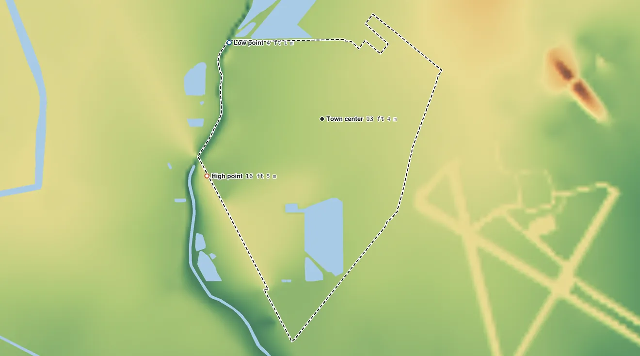 Topographic elevation map of Beauxart Gardens, Texas, shaded from 4 ft on the northwest side to 16 ft on the southwest side