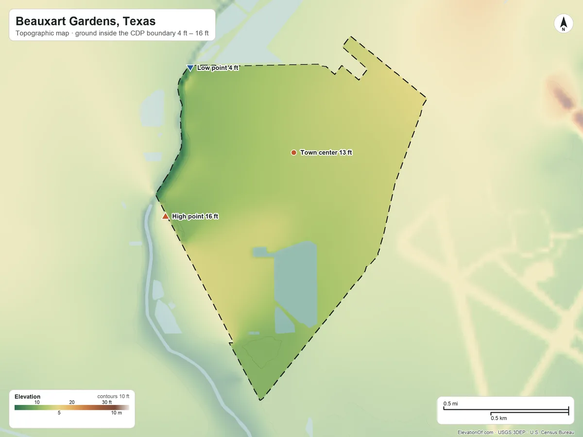 Topographic elevation map of Beauxart Gardens, Texas, shaded from 4 ft on the northwest side to 16 ft on the southwest side