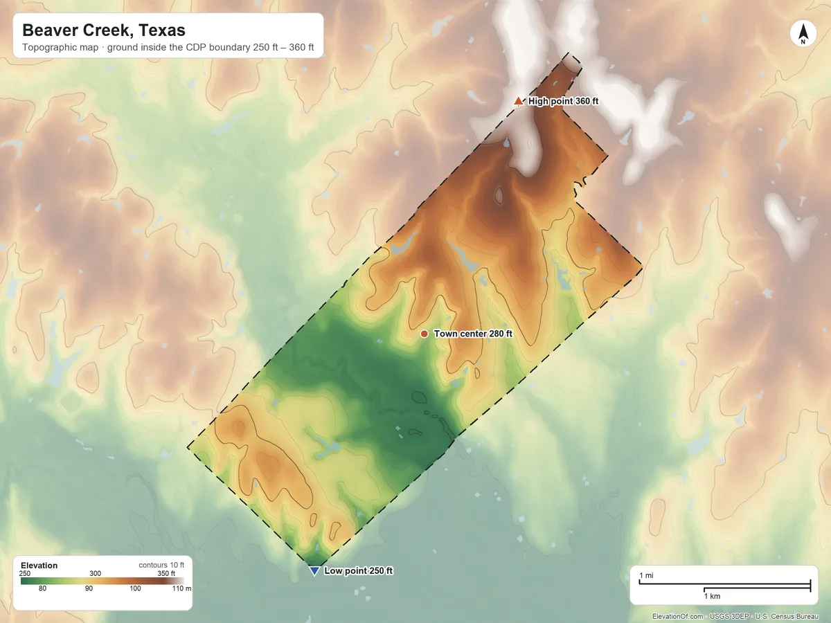 Topographic elevation map of Beaver Creek, Texas, shaded from 250 ft on the southwest side to 360 ft on the north side
