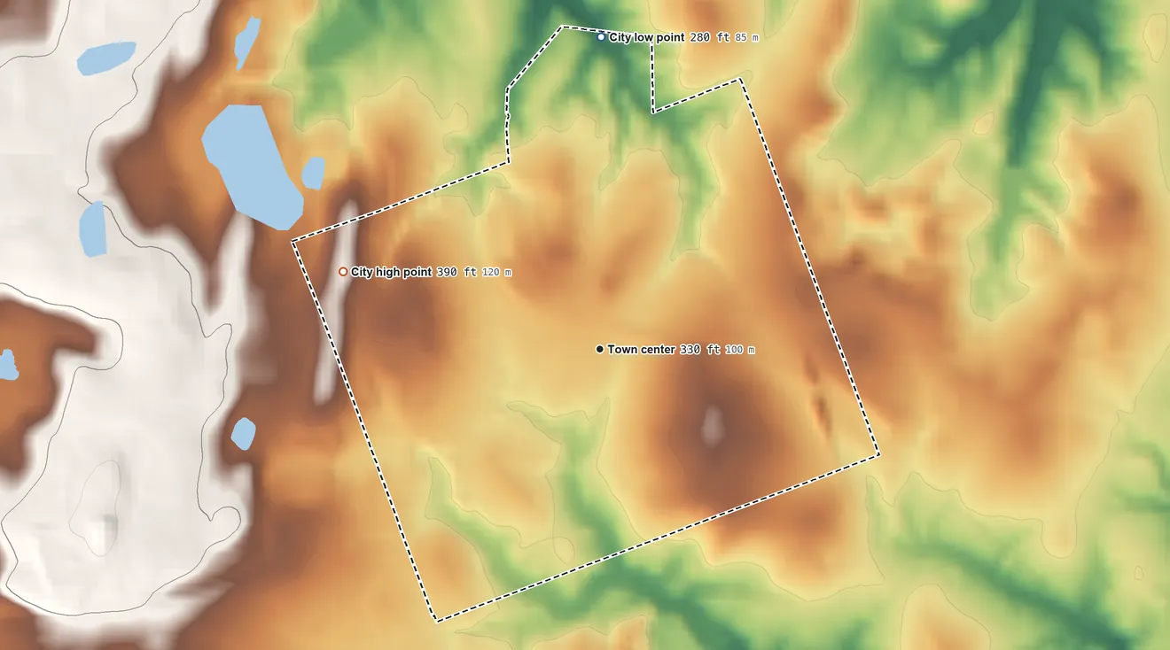 Topographic elevation map of Beckville, Texas, shaded from 280 ft on the north side to 390 ft on the west side