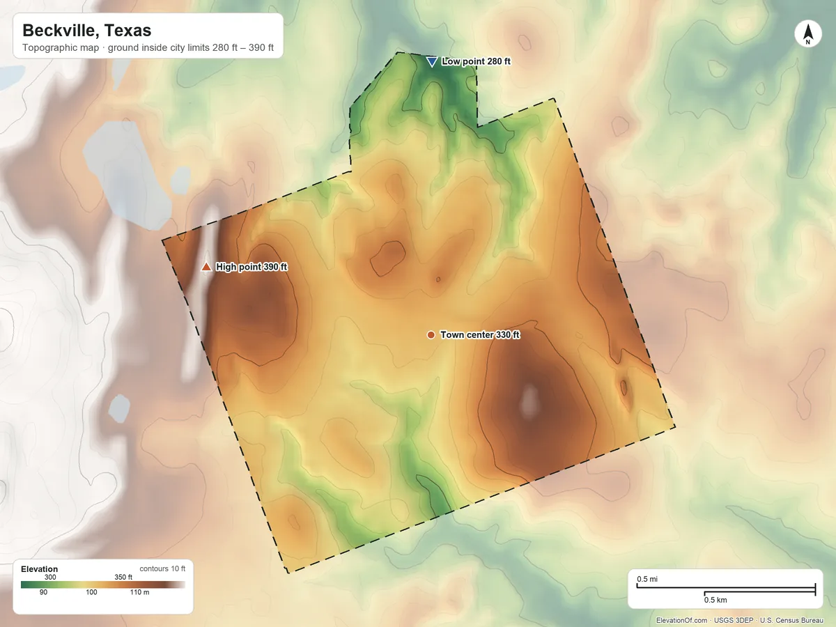 Topographic elevation map of Beckville, Texas, shaded from 280 ft on the north side to 390 ft on the west side