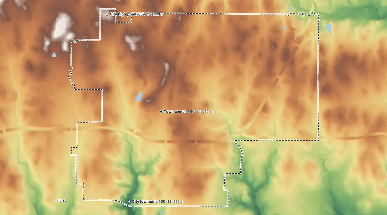 Topographic elevation map of Bedford, Texas, shaded from 500 ft on the south side to 660 ft on the northwest side