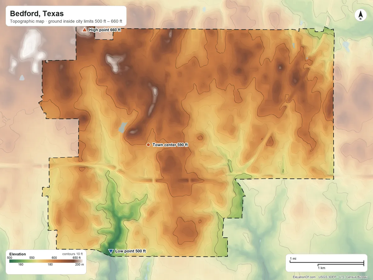 Topographic elevation map of Bedford, Texas, shaded from 500 ft on the south side to 660 ft on the northwest side