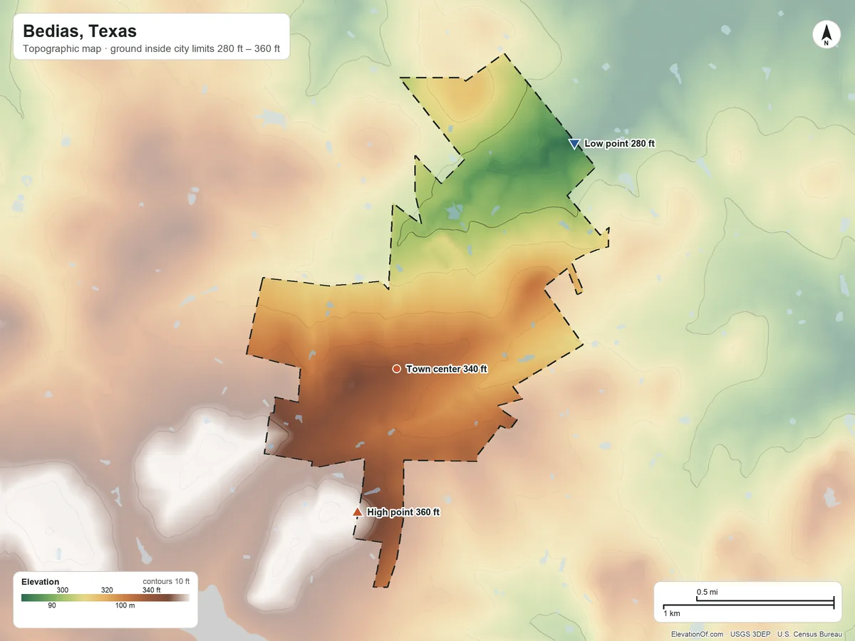 Topographic elevation map of Bedias, Texas, shaded from 280 ft on the northeast side to 360 ft on the south side