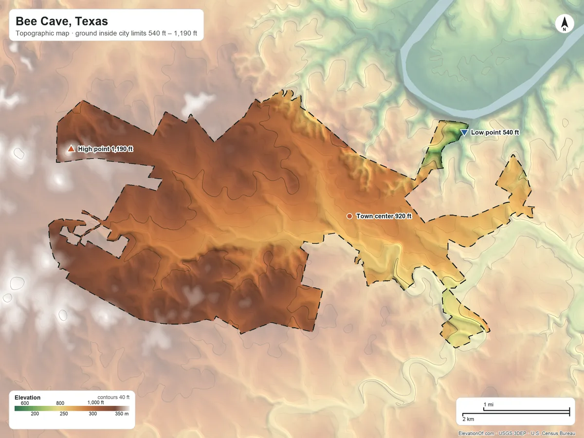 Topographic elevation map of Bee Cave, Texas, shaded from 540 ft on the northeast side to 1,190 ft on the west side