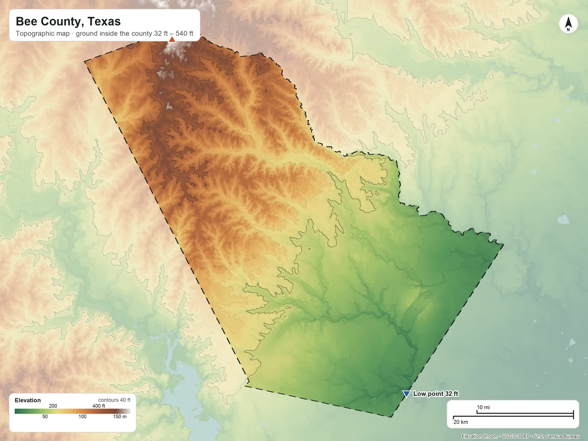Topographic elevation map of Bee County, Texas, shaded from 32 ft on the southeast side to 540 ft on the northwest side