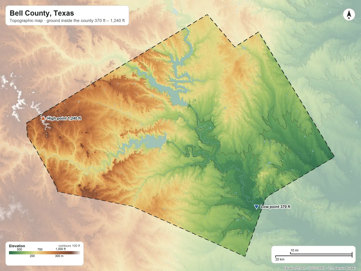 Topographic elevation map of Bell County, Texas, shaded from 370 ft on the southeast side to 1,240 ft on the west side