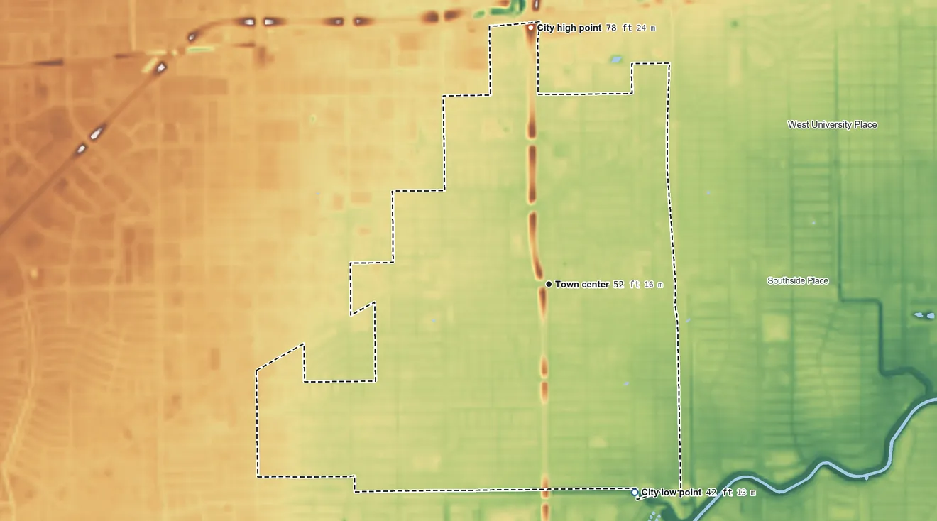 Topographic elevation map of Bellaire, Texas, shaded from 42 ft on the south side to 78 ft on the north side