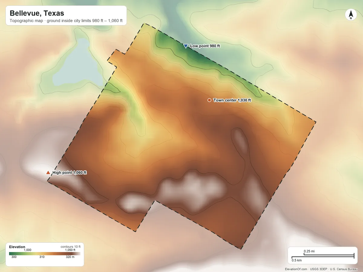 Topographic elevation map of Bellevue, Texas, shaded from 980 ft on the northwest side to 1,060 ft on the southwest side