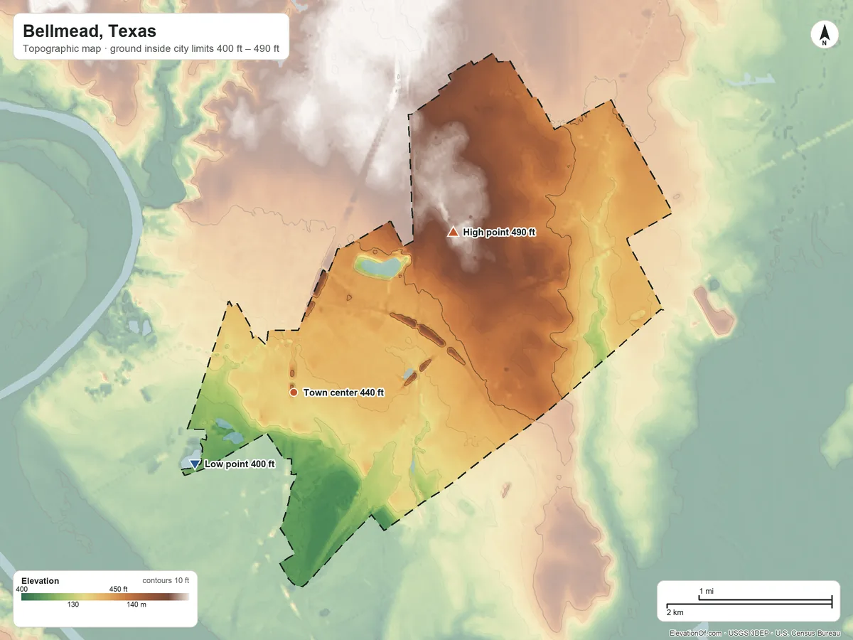 Topographic elevation map of Bellmead, Texas, shaded from 400 ft on the southwest side to 490 ft on the northeast side