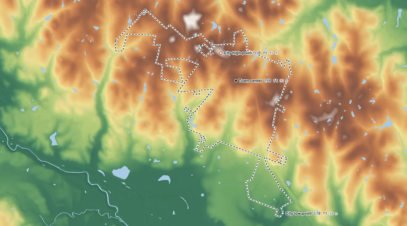 Topographic elevation map of Bellville, Texas, shaded from 170 ft on the south side to 310 ft on the northwest side