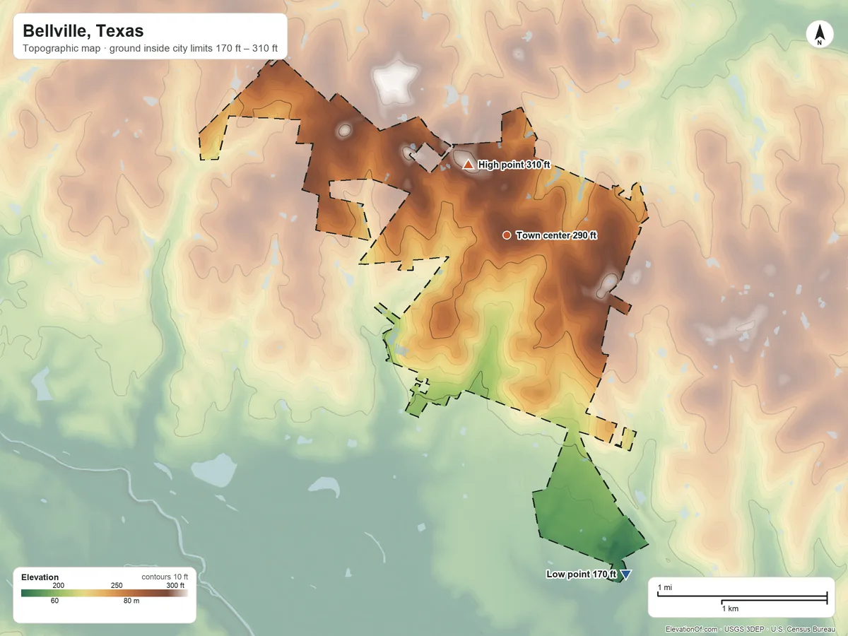 Topographic elevation map of Bellville, Texas, shaded from 170 ft on the south side to 310 ft on the northwest side