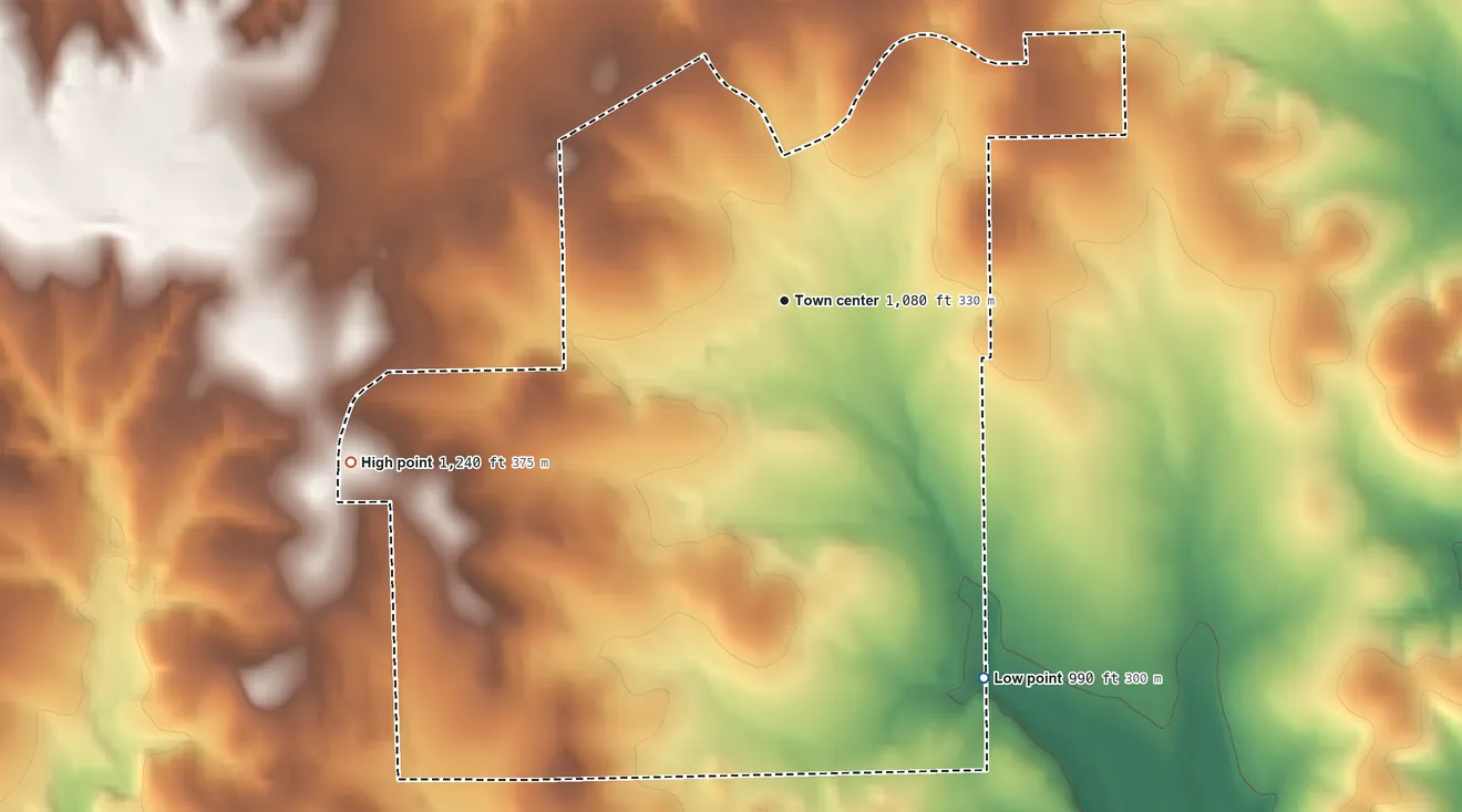 Topographic elevation map of Belterra, Texas, shaded from 990 ft on the southeast side to 1,240 ft on the west side