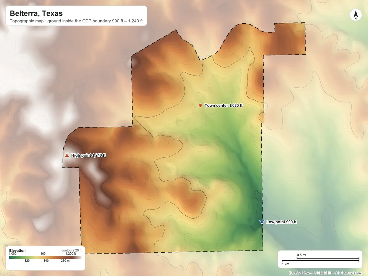 Topographic elevation map of Belterra, Texas, shaded from 990 ft on the southeast side to 1,240 ft on the west side